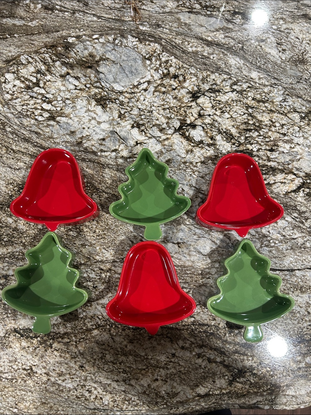 Festive Red Bell & Green Tree Ceramic cake/bread molds.Can be small snack bowls